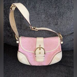 Coach Pink Signature Canvas Shoulder Bag with Cream Leather Trim